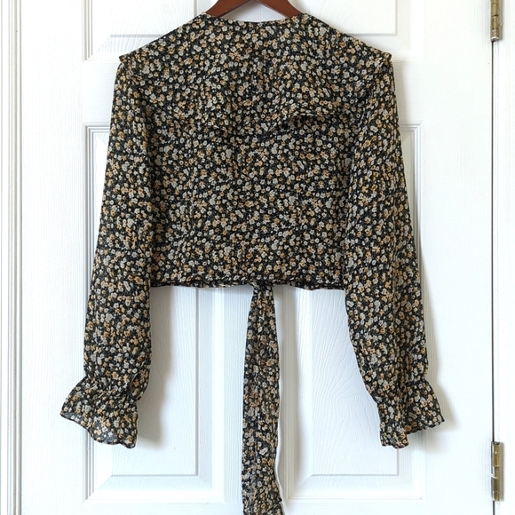 Joule Energy 80's Vintage Floral Button Down Tie Front Cropped Blouse Black M - Picture 11 of 12